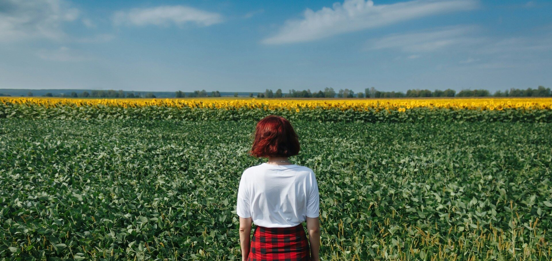 Eine junge Person mit roten Haaren und einem schwarz-rot karierten Hemd, das um die Hüfte gebunden ist, steht mit dem Rücken zur Betrachterin vor einem Acker.