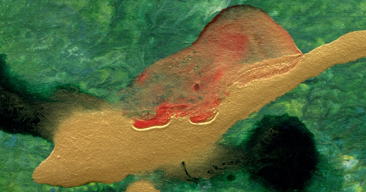 Ein Ausschnitt aus einem abstrakten Gemälde mit organischen Formen in den Farben: grün, weiß, rot, schwarz, gold.